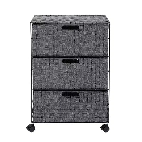 Honey-Can-Do 3 Drawer Woven Organizer with Wheels: Black Steel Frame, Decorative Storage, Plastic Drawers, 26" Height