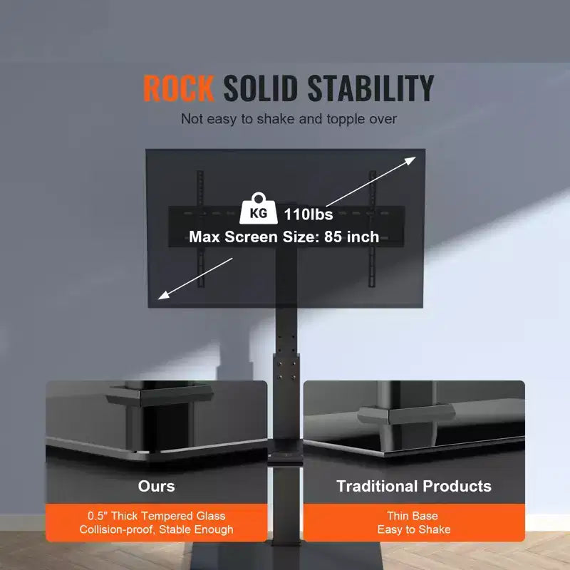 VEVOR TV Stand Mount, Swivel Tall TV Stand for 32 to 85 inch TVs, Height Adjustable Portable Floor TV Stand with Tempered Glass Base