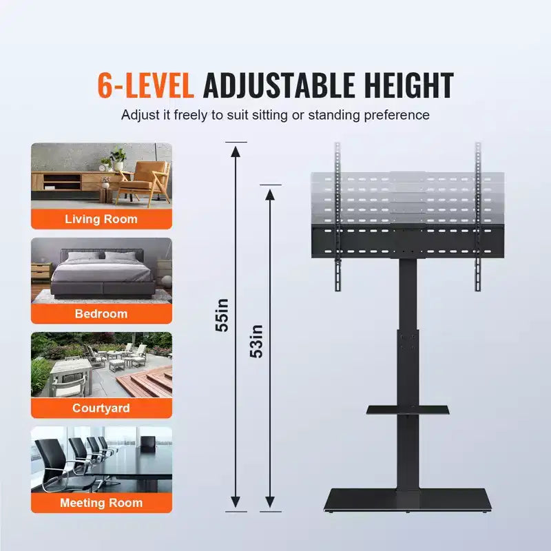 VEVOR TV Stand Mount, Swivel Tall TV Stand for 32 to 85 inch TVs, Height Adjustable Portable Floor TV Stand with Tempered Glass Base