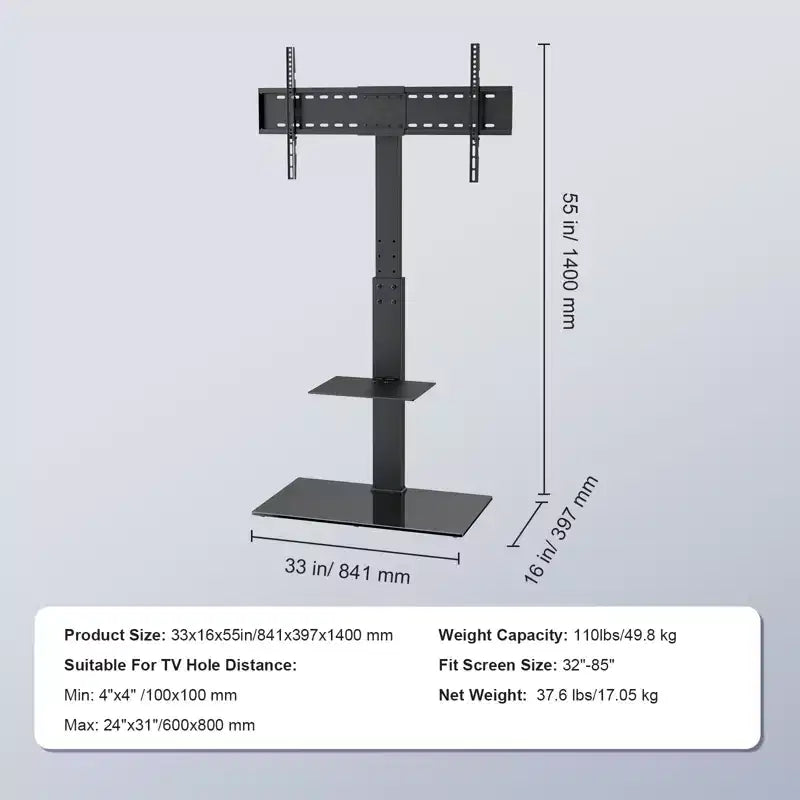 VEVOR TV Stand Mount, Swivel Tall TV Stand for 32 to 85 inch TVs, Height Adjustable Portable Floor TV Stand with Tempered Glass Base