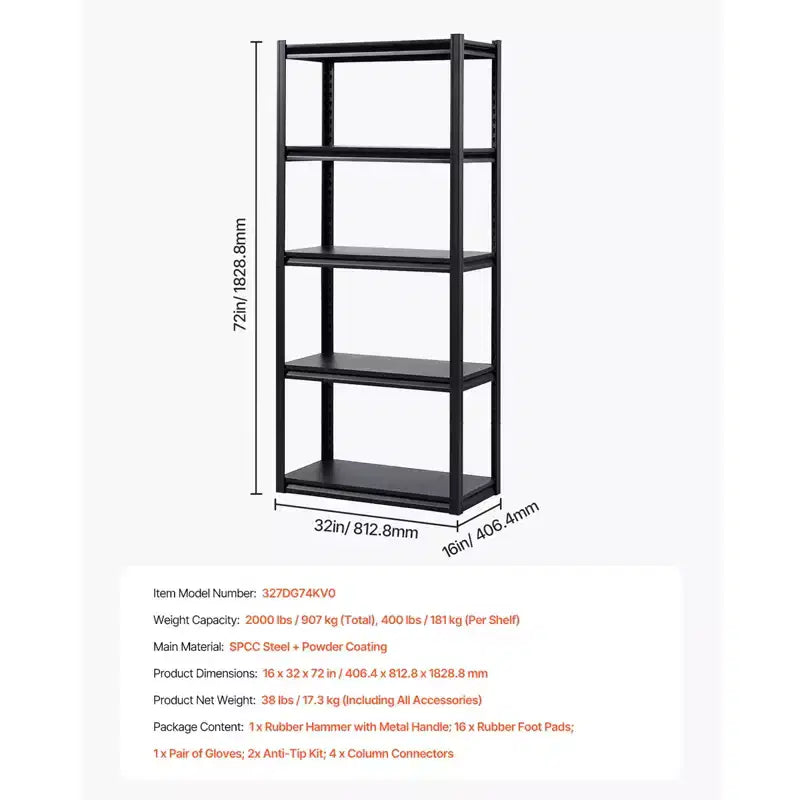 VEVOR Storage Shelves, 2000lbs, 5Tier Garage Storage Shelving,16 Dx32 Wx72 H Adjustable Metal Shelves for Garage Shelves Utility Rack Shelf,Black