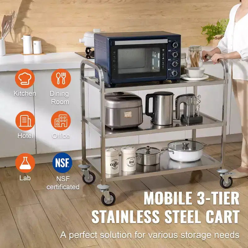 Kitchen Utility Cart, 3 Tiers, Wire Rolling Cart with 450lbs Capacity, Steel Service Cart on Wheels