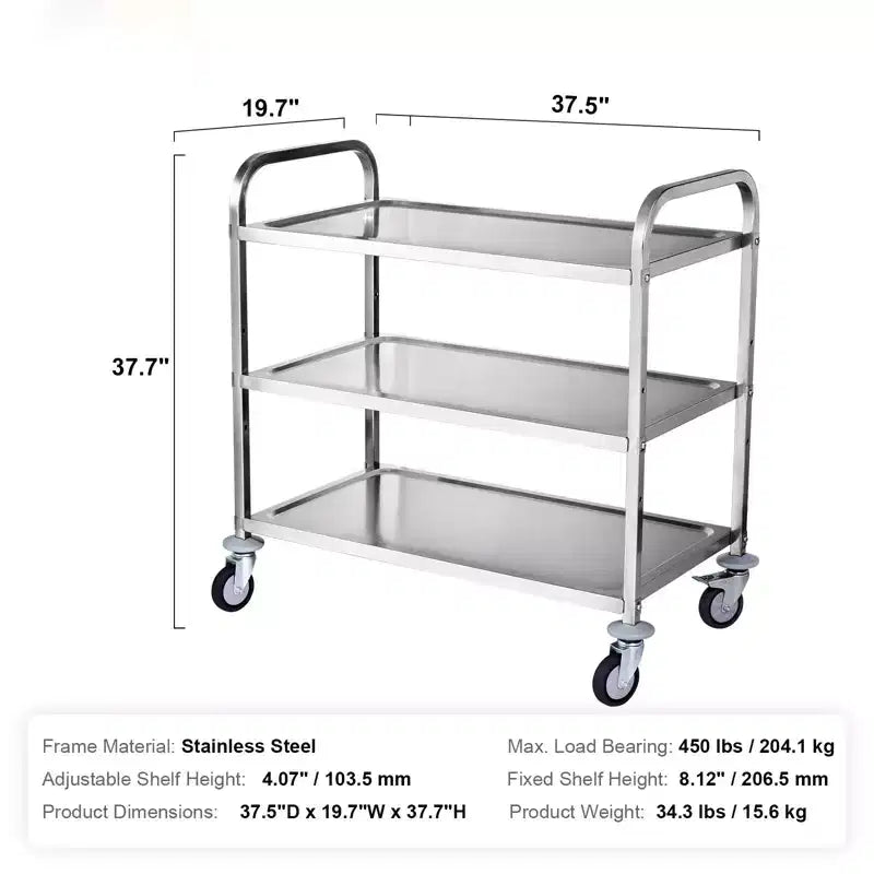Kitchen Utility Cart, 3 Tiers, Wire Rolling Cart with 450lbs Capacity, Steel Service Cart on Wheels