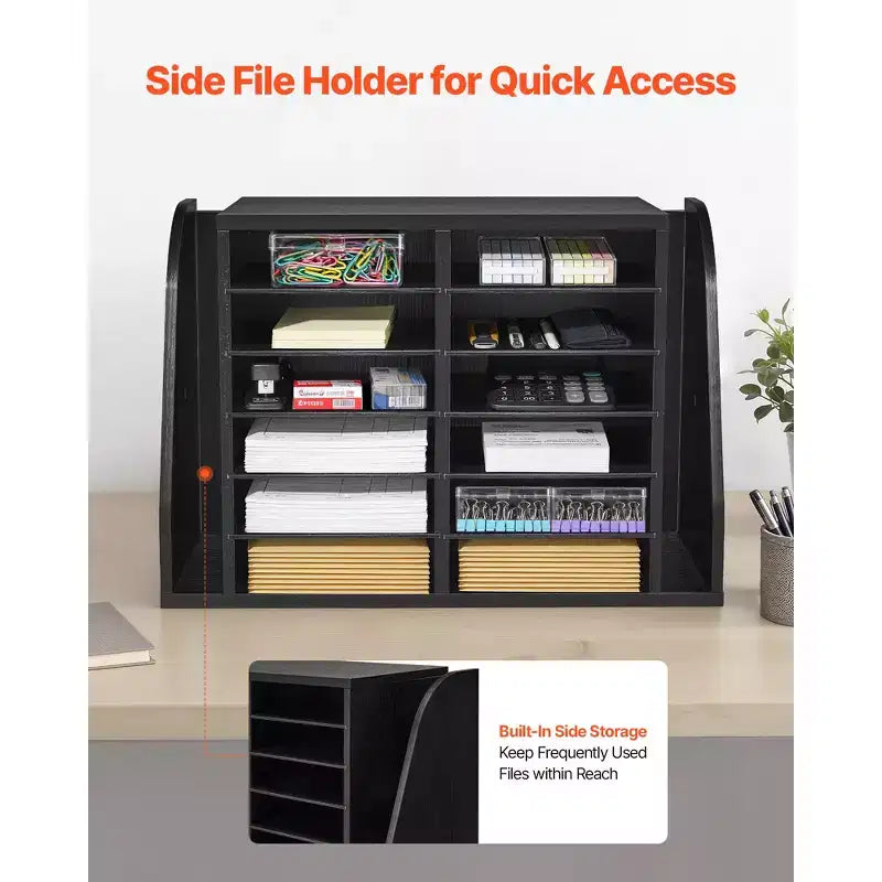 VEVOR Literature Organizer, 12 Compartments Office Mailbox with Side Vertical Storage, Wooden Mailbox Sorter Made of Particle Board, Black