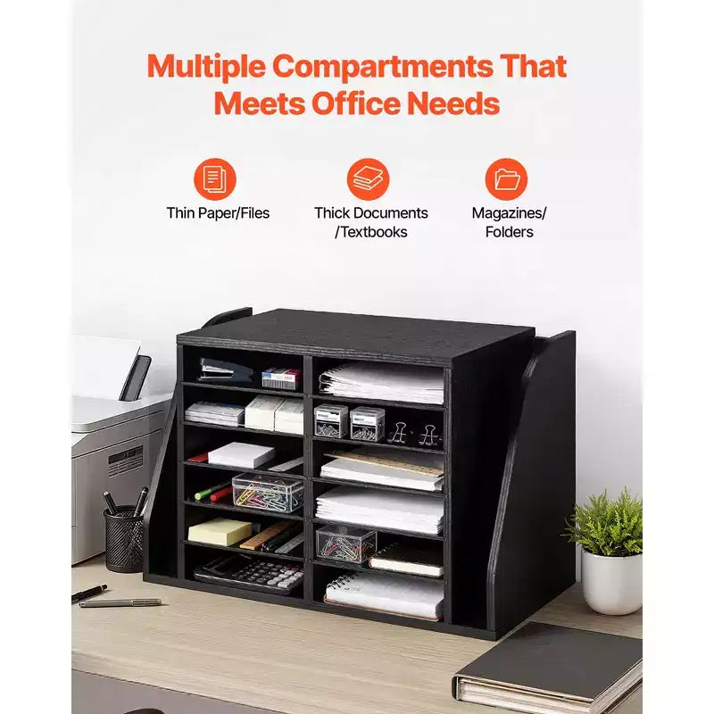 VEVOR Literature Organizer, 12 Compartments Office Mailbox with Side Vertical Storage, Wooden Mailbox Sorter Made of Particle Board, Black