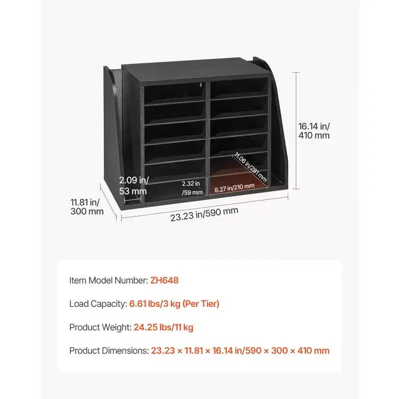 VEVOR Literature Organizer, 12 Compartments Office Mailbox with Side Vertical Storage, Wooden Mailbox Sorter Made of Particle Board, Black