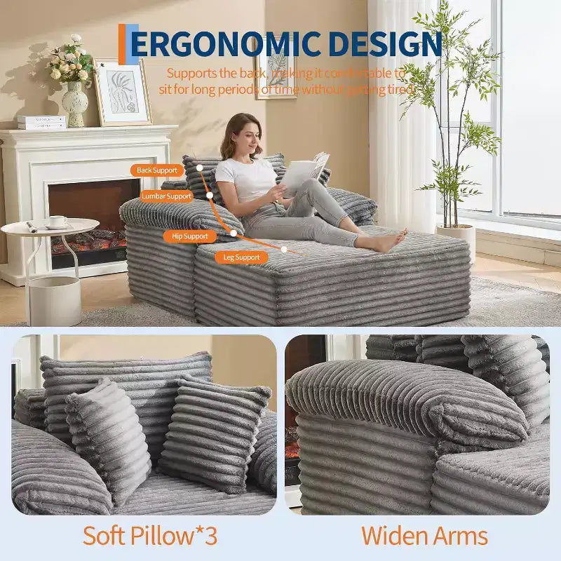 Oversized Chaise Lounge Chair Sofa Bed, Corduroy Sleeper Sofa with Pillows and Wide Armrests for Living Room, Bedroom, Movie Room