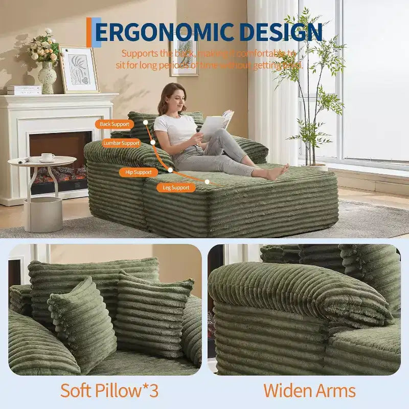 Oversized Chaise Lounge Chair Sofa Bed, Corduroy Sleeper Sofa with Pillows and Wide Armrests for Living Room, Bedroom, Movie Room