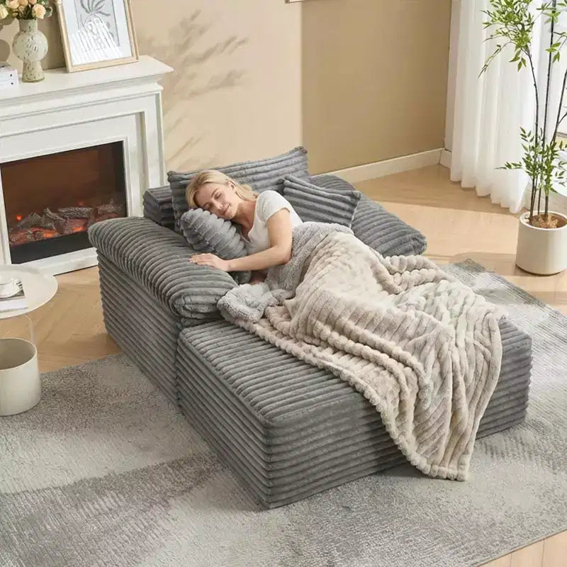 Oversized Chaise Lounge Chair Sofa Bed, Corduroy Sleeper Sofa with Pillows and Wide Armrests for Living Room, Bedroom, Movie Room