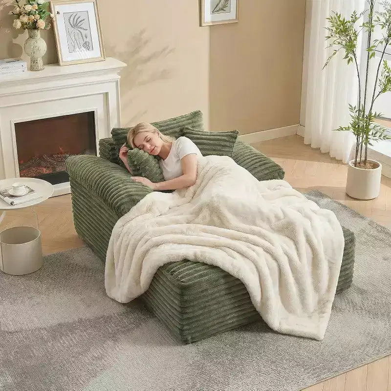 Oversized Chaise Lounge Chair Sofa Bed, Corduroy Sleeper Sofa with Pillows and Wide Armrests for Living Room, Bedroom, Movie Room